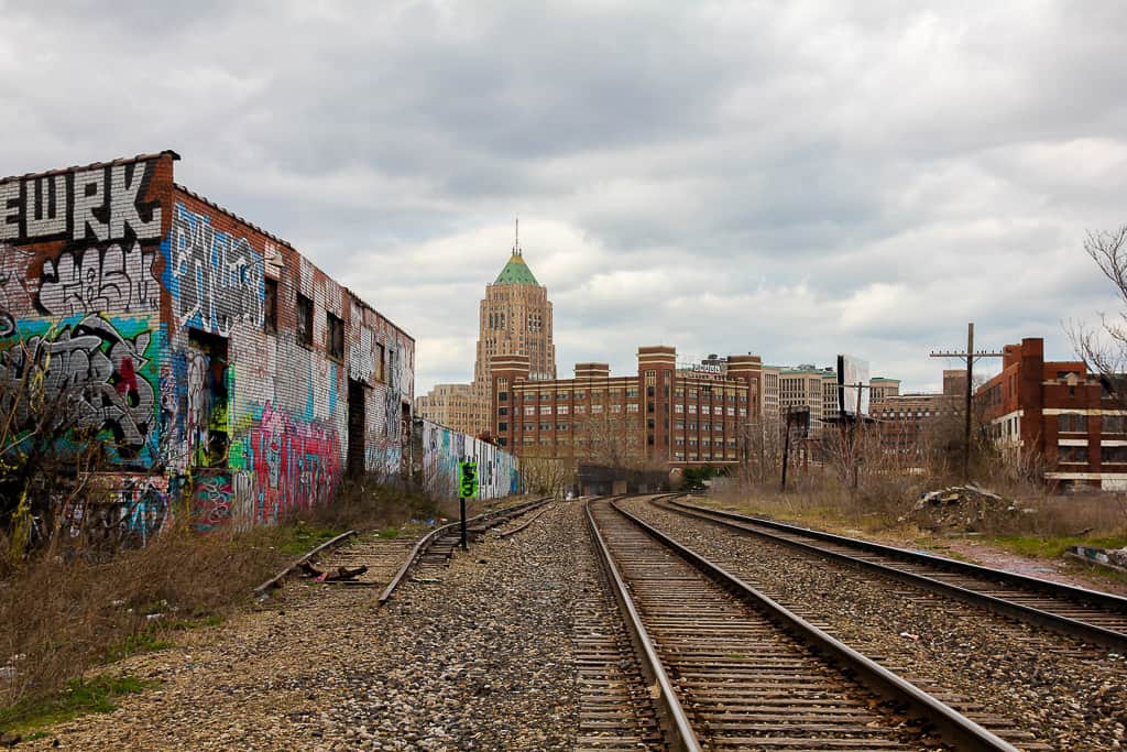 The view of Lincoln Street Art Park from the train tracks