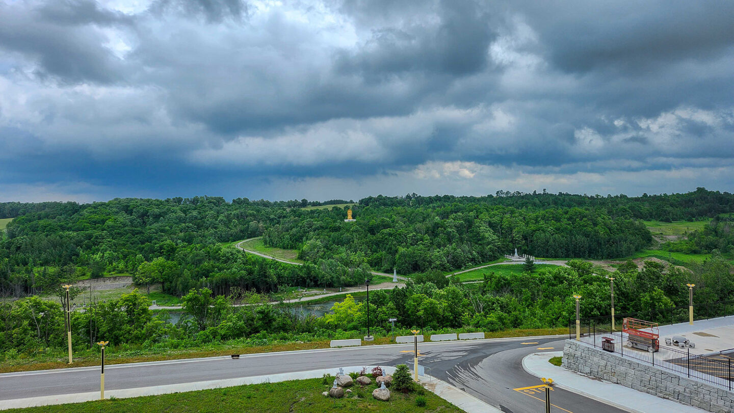 View of the grounds of the gardens from the top of the temple