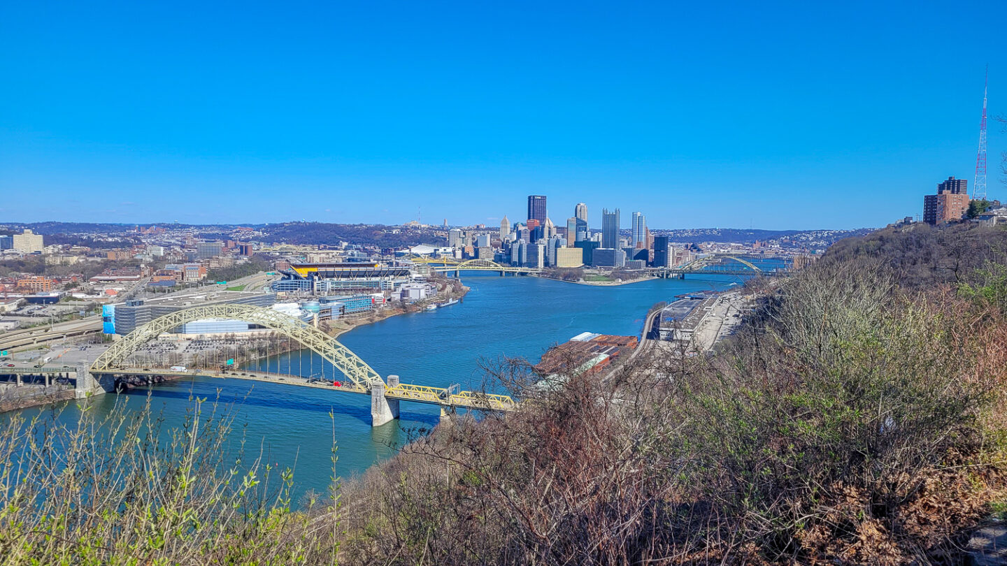 Vantage point over the river and one of the bridges which is one of the things to do during a weekend in Pittsburgh