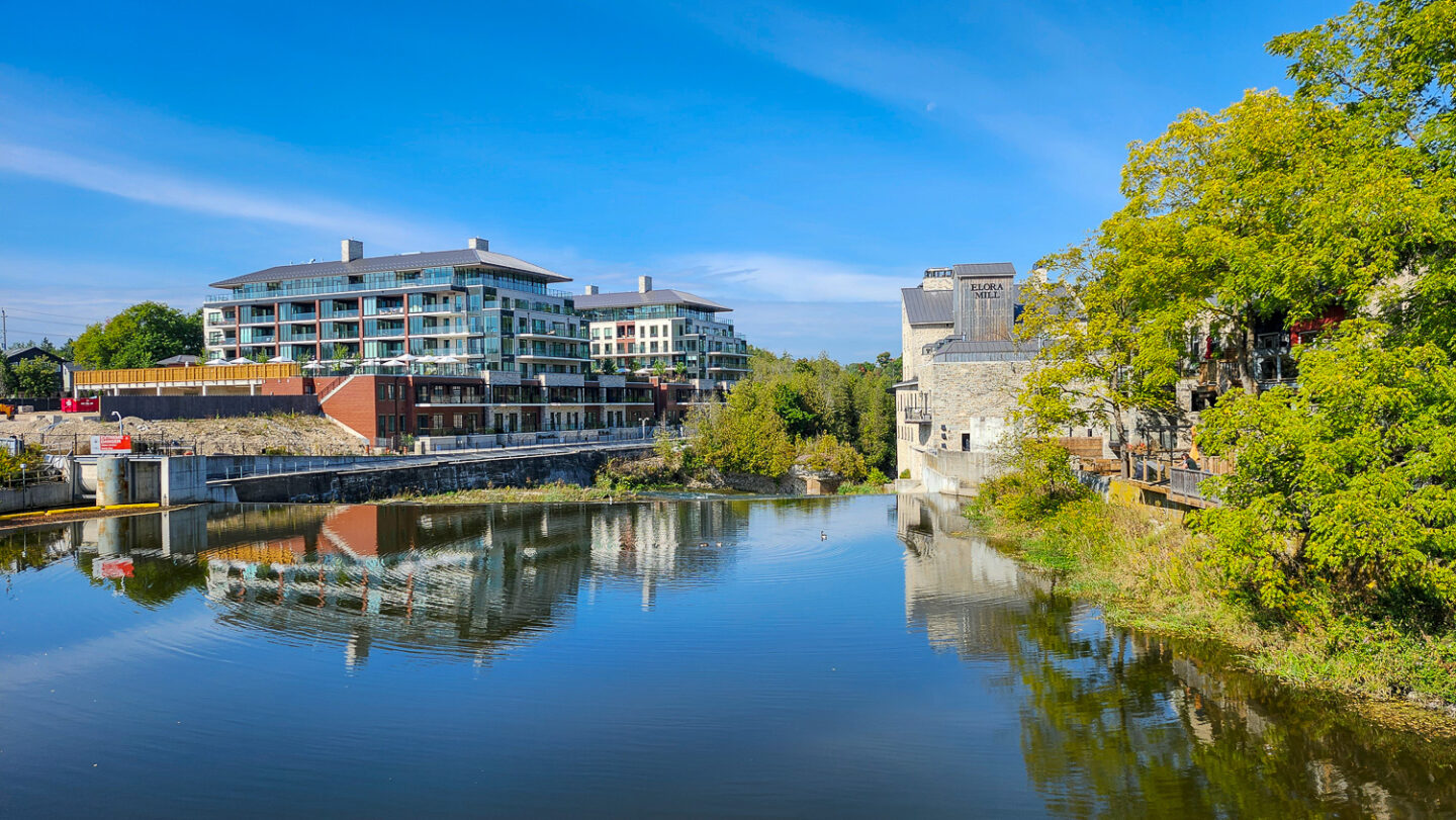 A view of the Elora Mill and Elora River from the Jack R McDonald Bridge